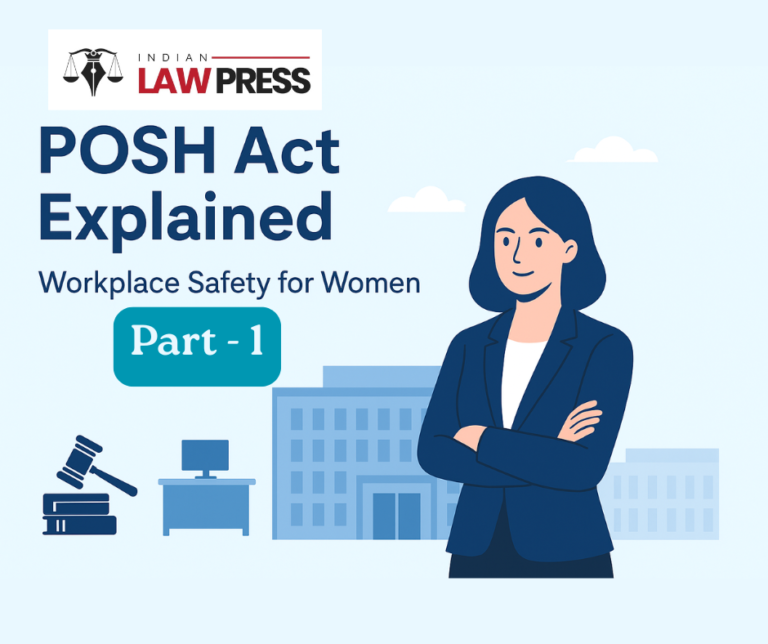 Illustration of a woman professional standing in front of a workplace building with icons of law and justice, representing POSH Act workplace safety.